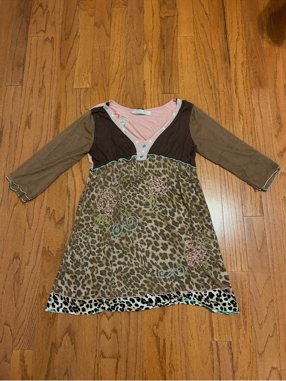 Urban Mango Leopard Floral Embroidered Boho Tunic Dress Size L - Picture 2 of 8